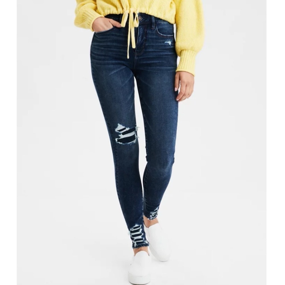 American Eagle Dream Jeggings High Rise Skinny Jeans Distressed Frayed Size 8